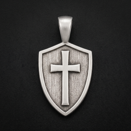 Silver Cross & Shield pendant, raised cross on a textured shield