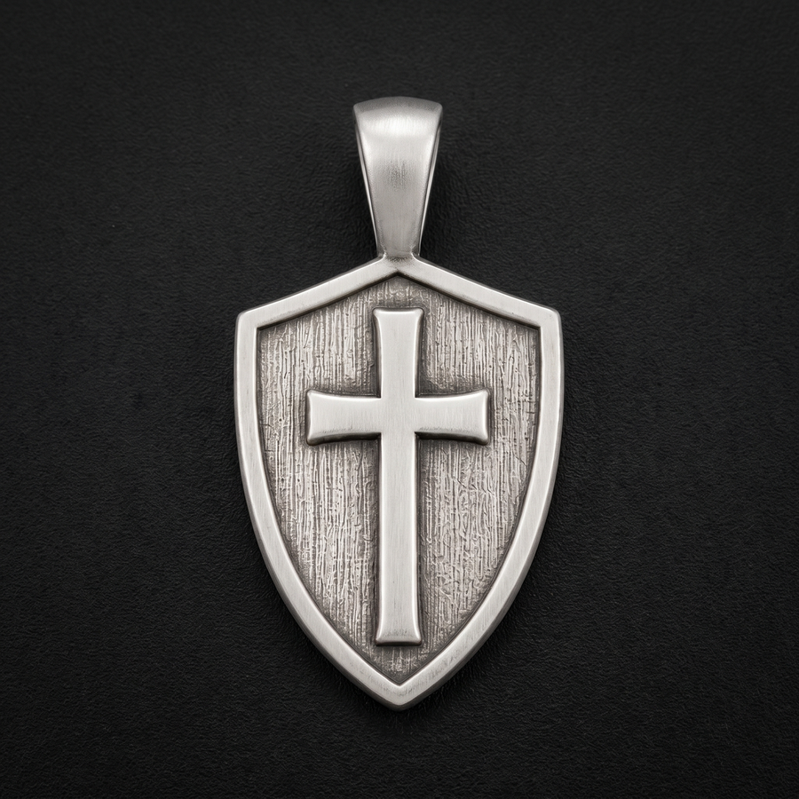 Silver Cross & Shield pendant, raised cross on a textured shield alternate view