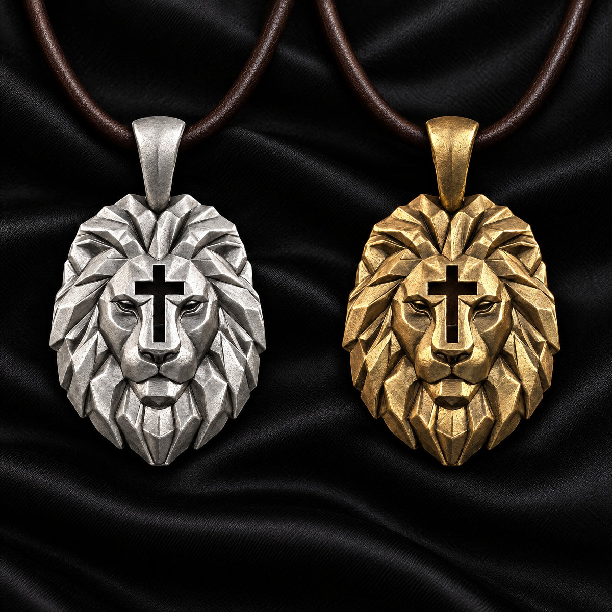 Cross & Lion pendants in silver and bronze side by side