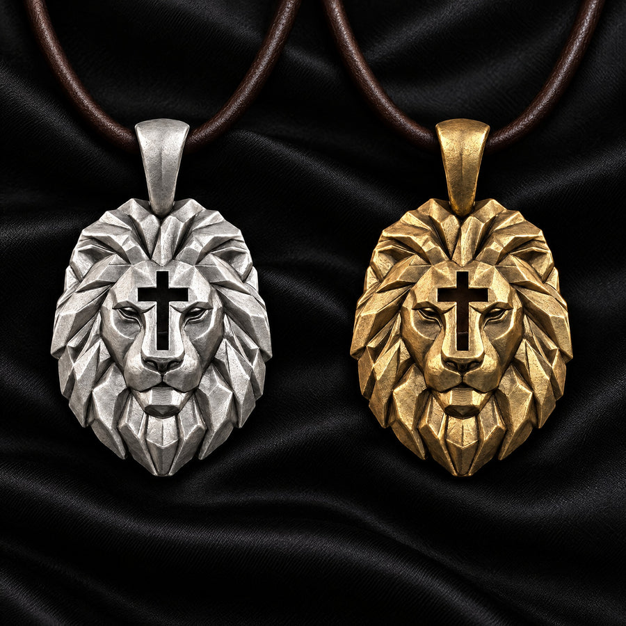 Cross & Lion pendants in silver and bronze side by side