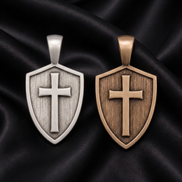 Hand-finished silver and bronze Cross & Shield pendants on black satin