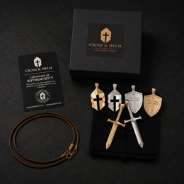 Cross & Helm pendant collection with gift box, leather necklaces, and Certificate of Authenticity