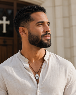 Man wearing the silver Cross & Helm pendant on a leather necklace outside a church