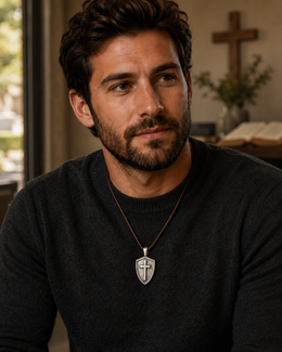 Man wearing the silver Cross & Shield pendant on a leather necklace