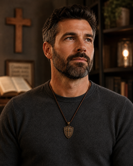 Man wearing the bronze Cross & Shield pendant on a leather necklace beside an open Bible