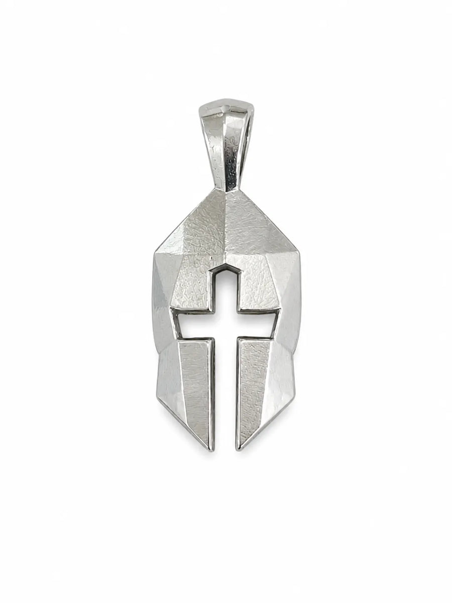 Silver Cross & Helm pendant, a hand-finished warrior helm with cross cutout alternate view