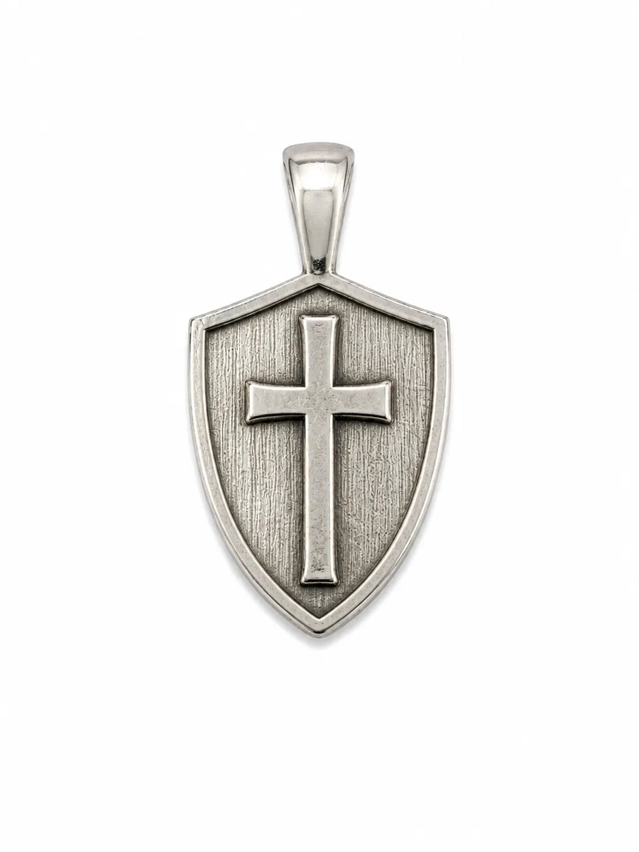 Silver Cross & Shield pendant with textured shield face and raised cross alternate view