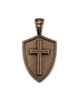 Bronze Cross & Shield Founder's Edition pendant with a textured shield and prominent cross design.
