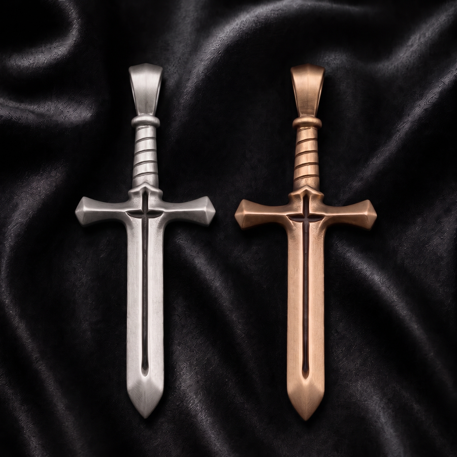 Silver and bronze Cross & Sword pendants side by side on black satin