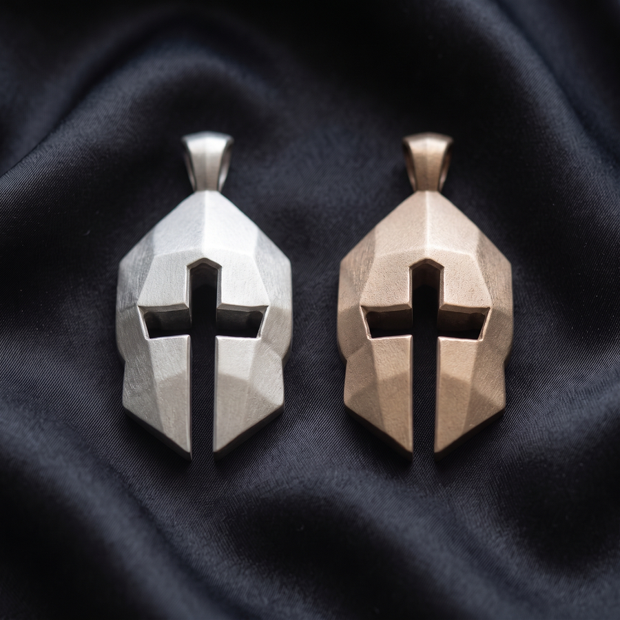 Silver and bronze Cross & Helm pendants side by side on black satin