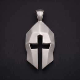 Silver Cross & Helm pendant, front, with the cross cut through the helm
