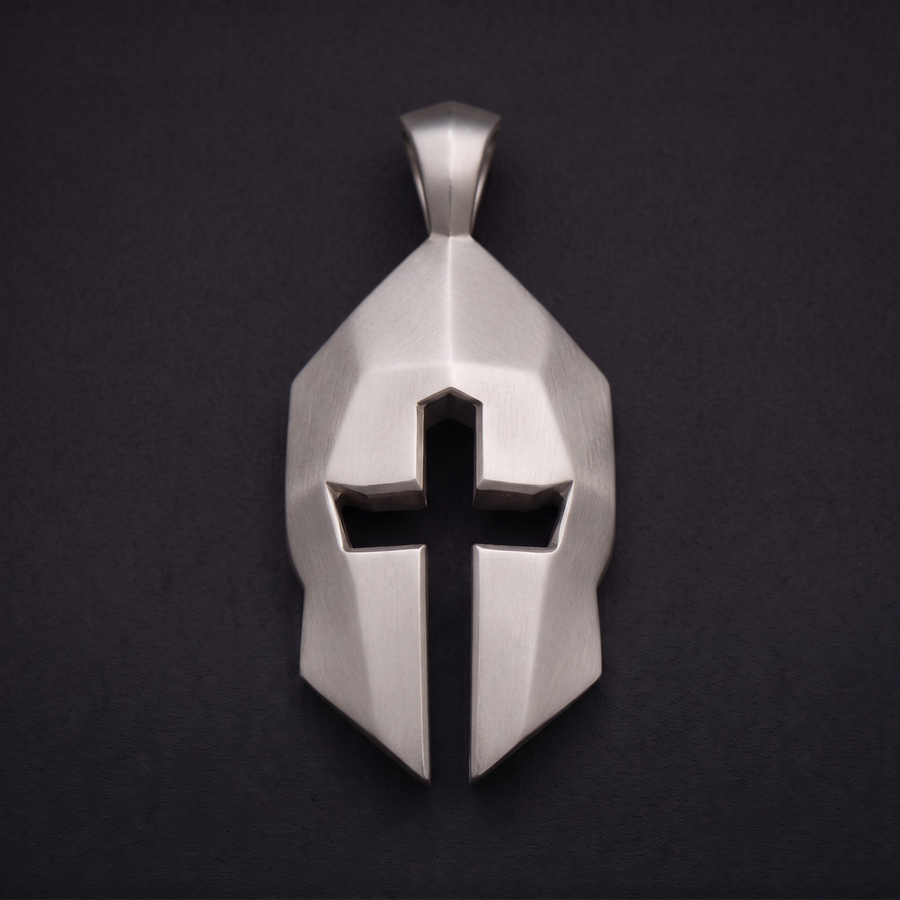 Silver Cross & Helm pendant, front, with the cross cut through the helm alternate view