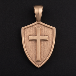 Bronze Cross & Shield pendant, raised cross on a textured shield