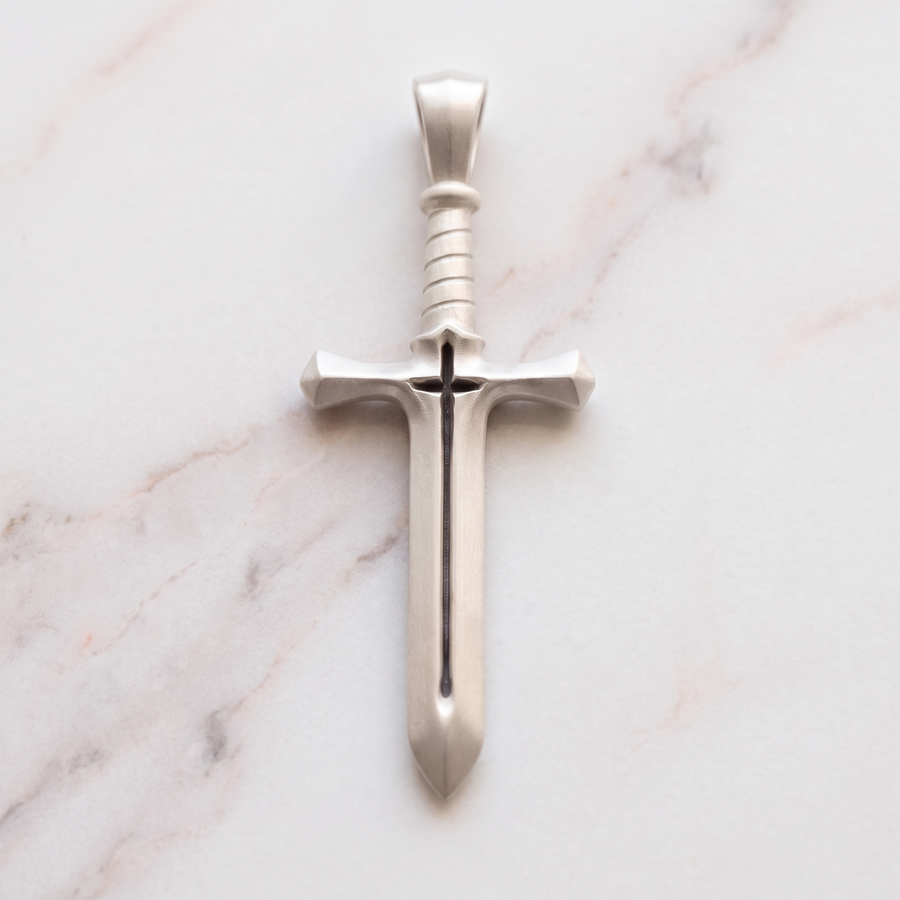 Women's Cross & Sword pendant in silver on white marble alternate view