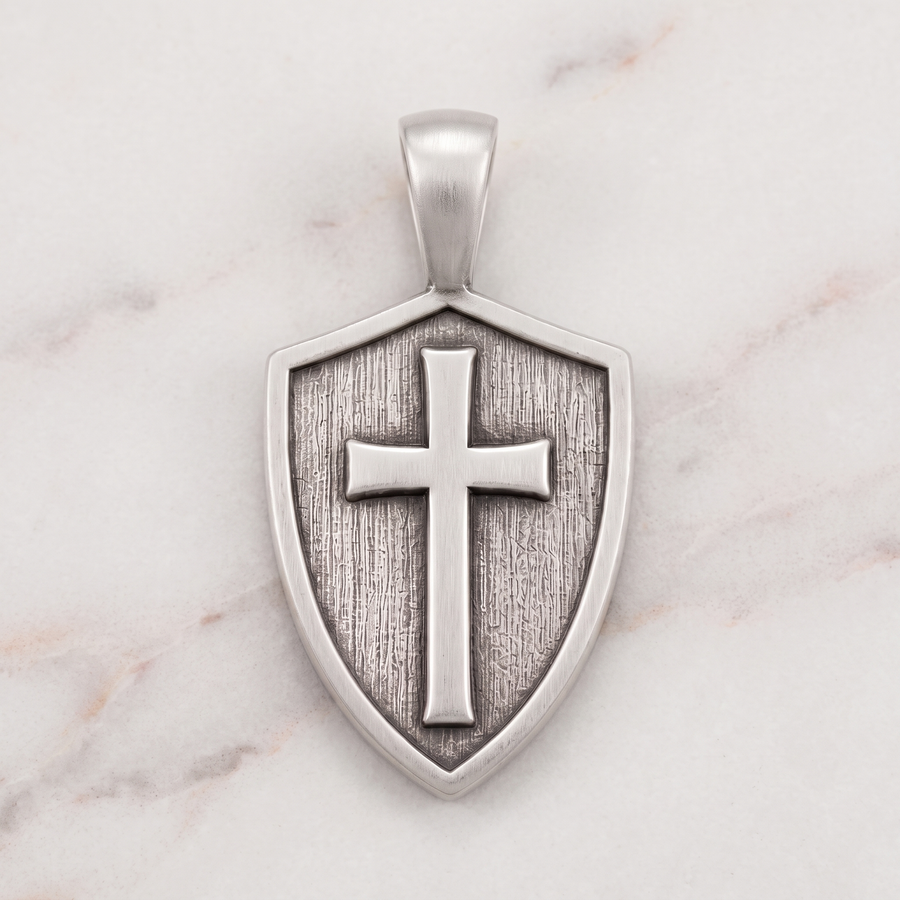 Women's Cross & Shield pendant in silver on white marble alternate view