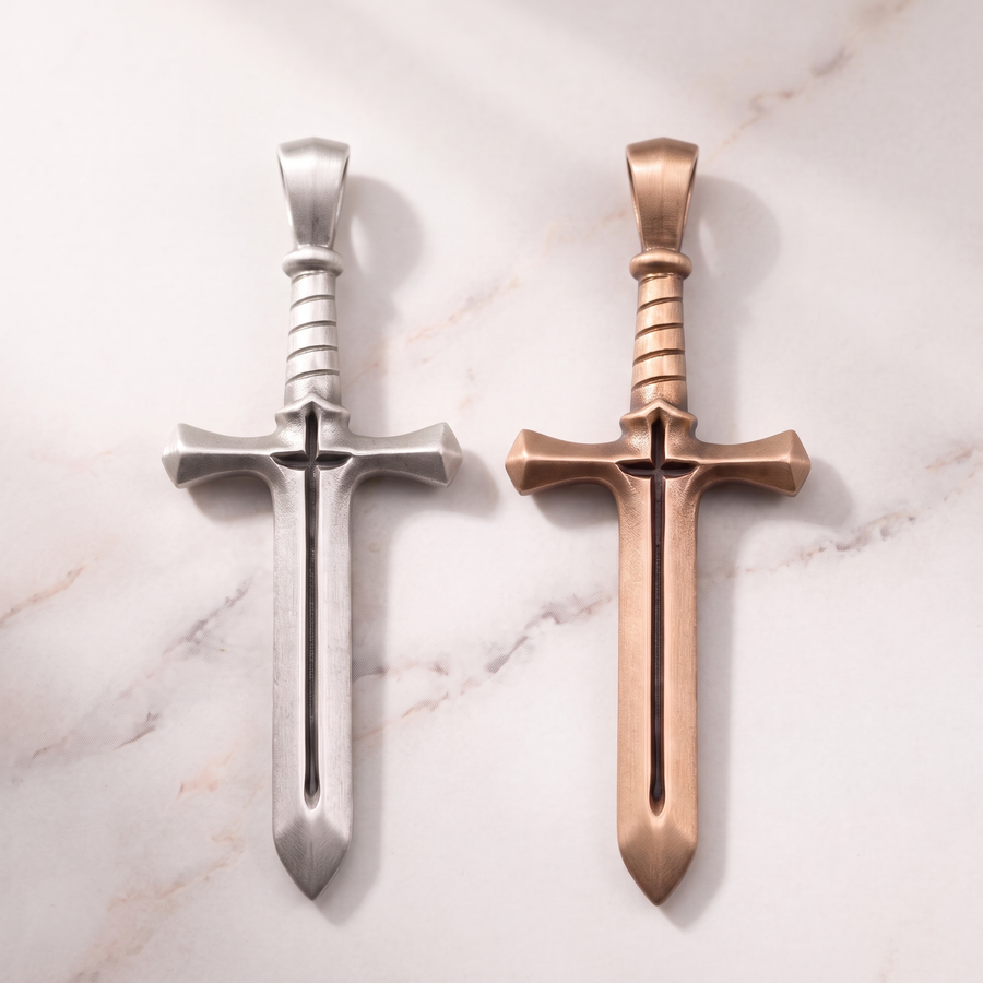 Women's Cross & Sword pendants in silver and bronze on white marble