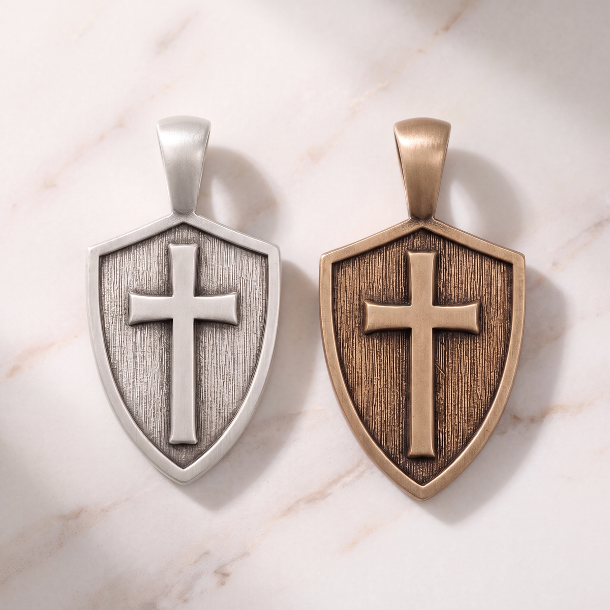 Women's Cross & Shield pendants in silver and bronze on white marble