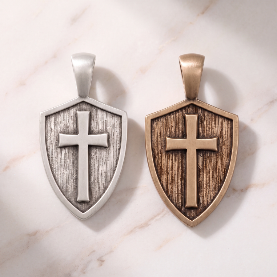 Women's Cross & Shield pendants in silver and bronze on white marble