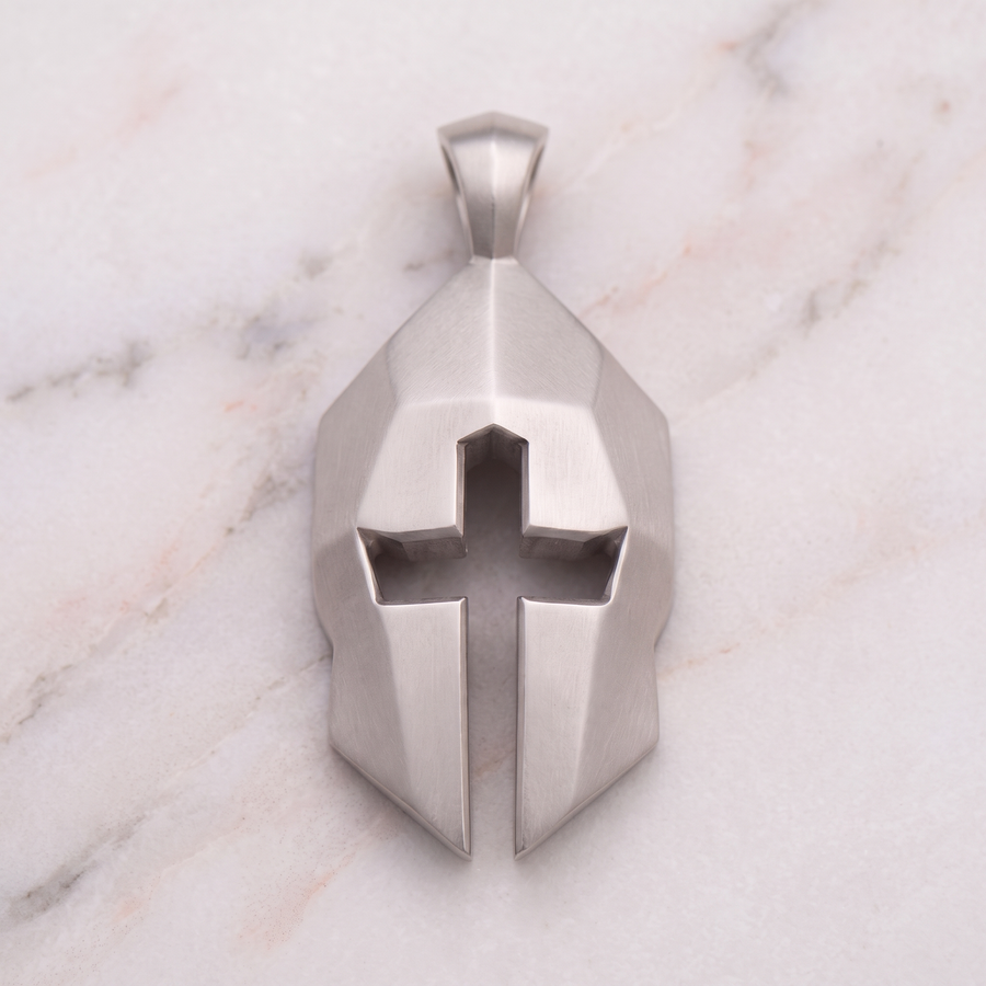 Women's Cross & Helm pendant in silver on white marble alternate view