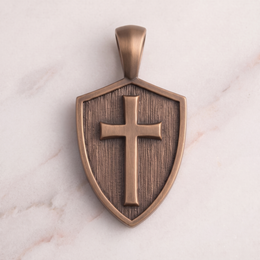 Women's Cross & Shield pendant in bronze on white marble