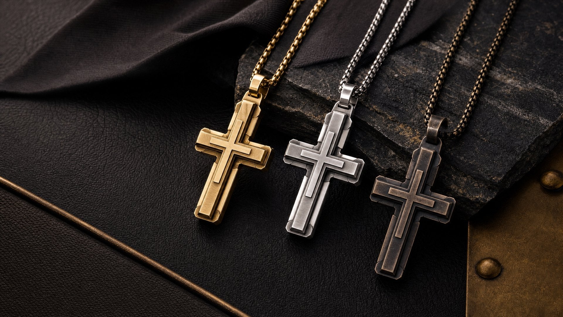 Cross & Helm gold silver and bronze pendant collection on leather and stone
