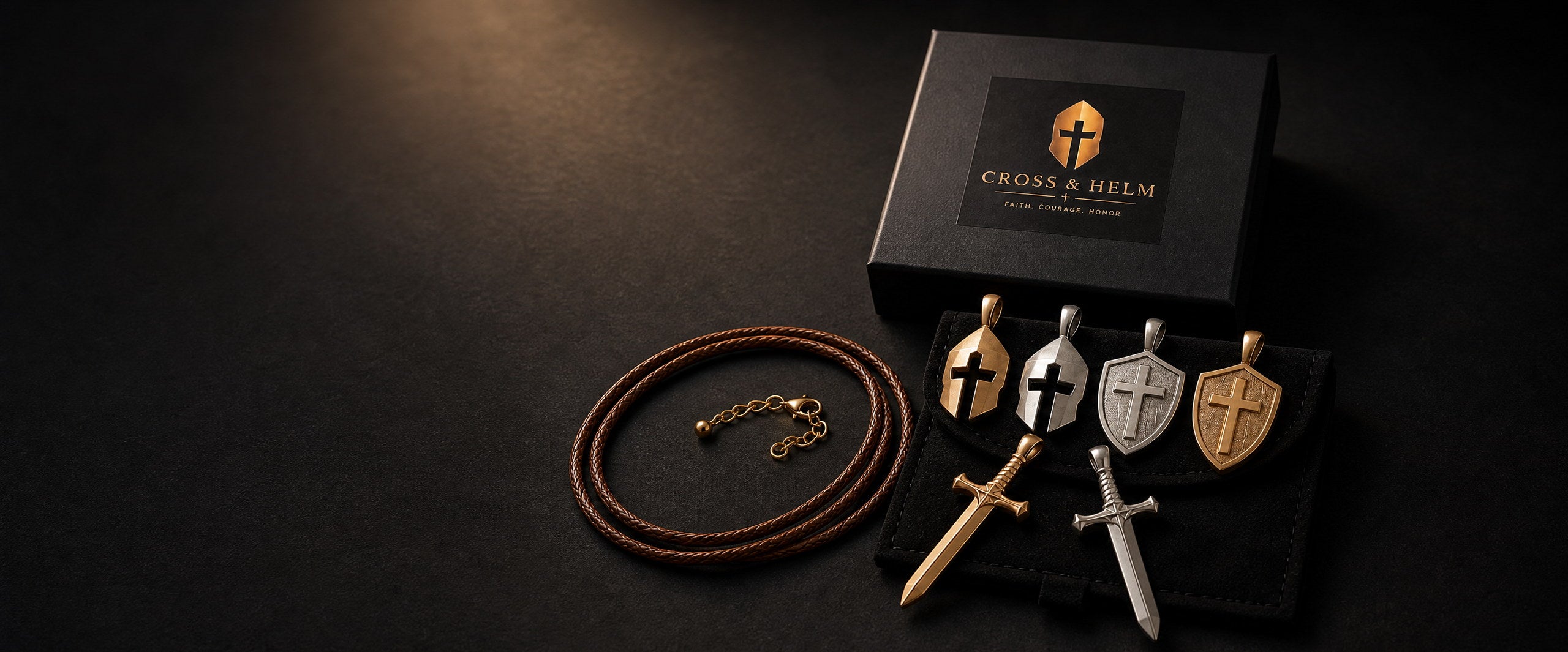 Cross & Helm pendant gift box with silver and bronze Christian pendants