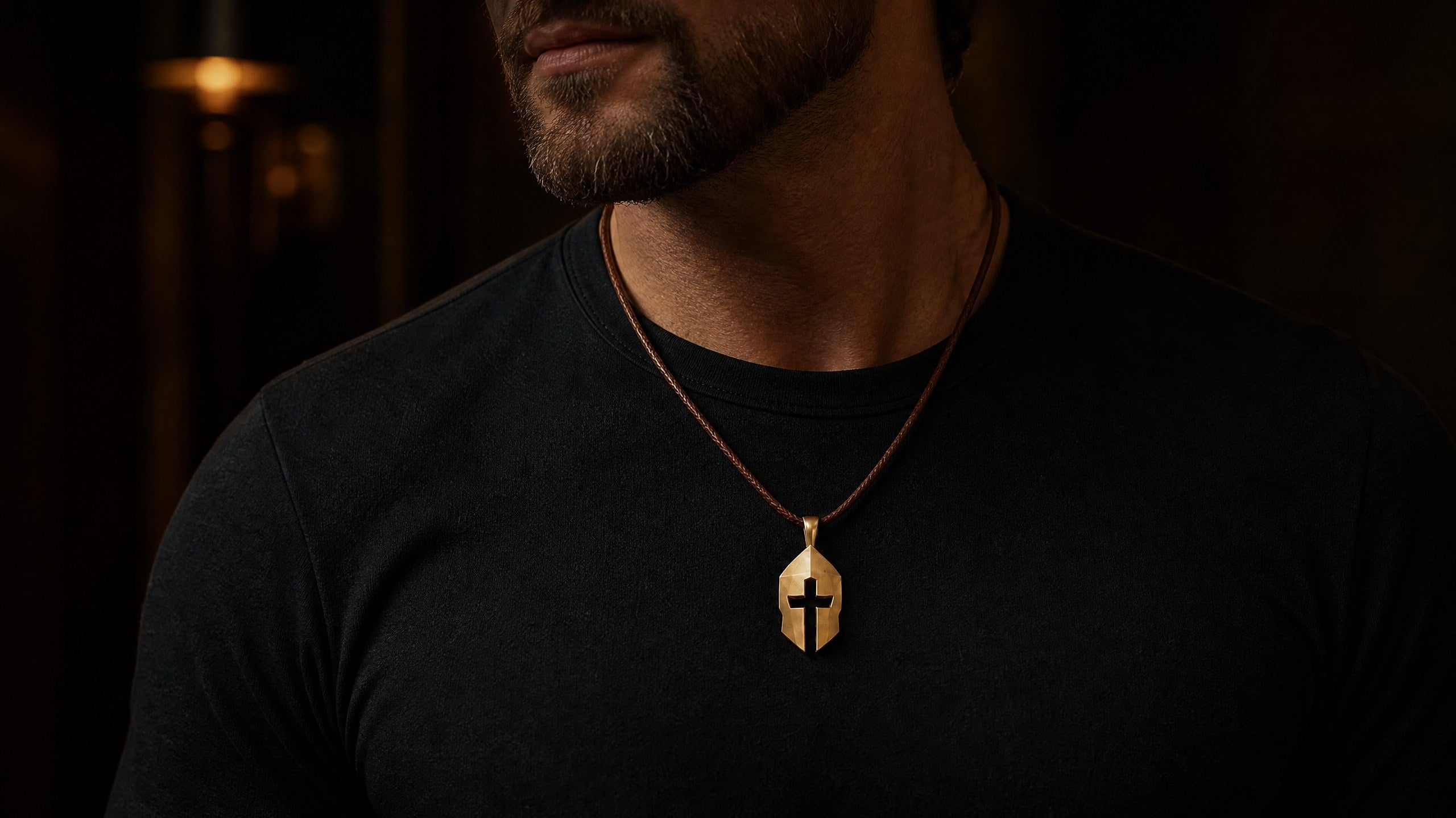 Cross & Helm pendant worn at a realistic 40 mm daily scale in a refined low-light setting