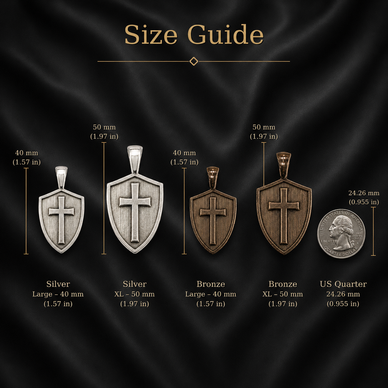 Cross and Shield pendant size guide showing Large and XL bronze and silver dimensions beside a US quarter