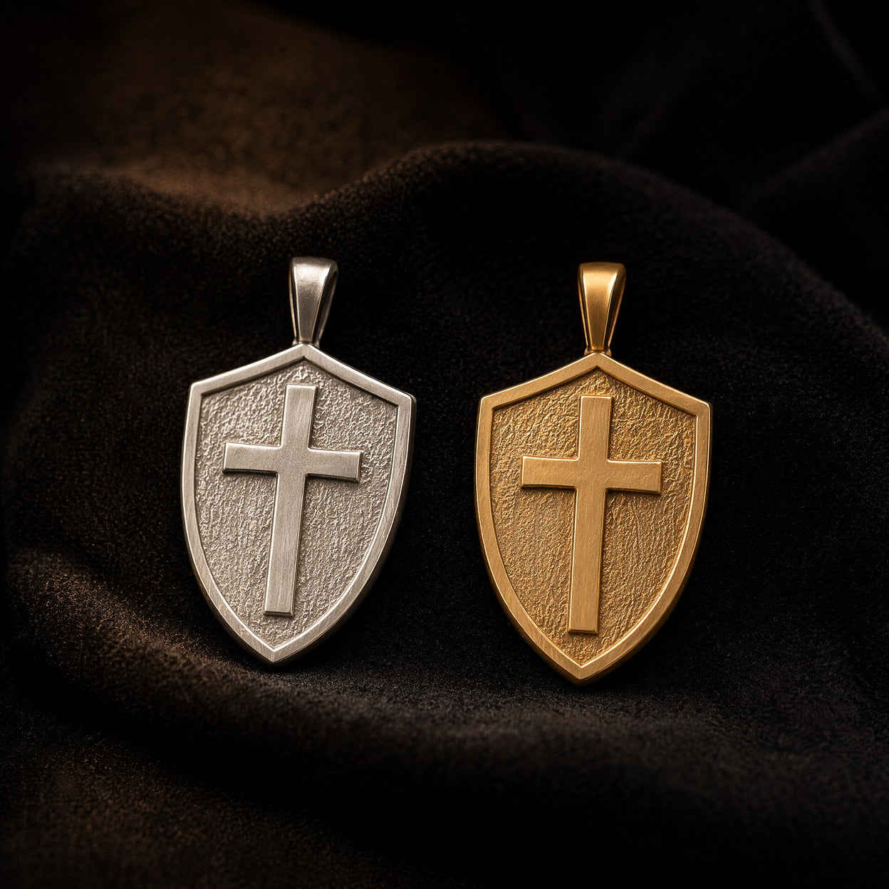 Editorial close-up of the Cross & Shield pendant on dark stone and leather