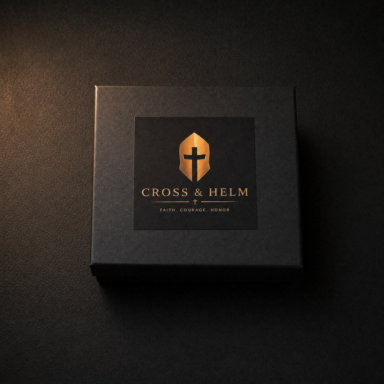 Cross and Helm branded gift box in warm light