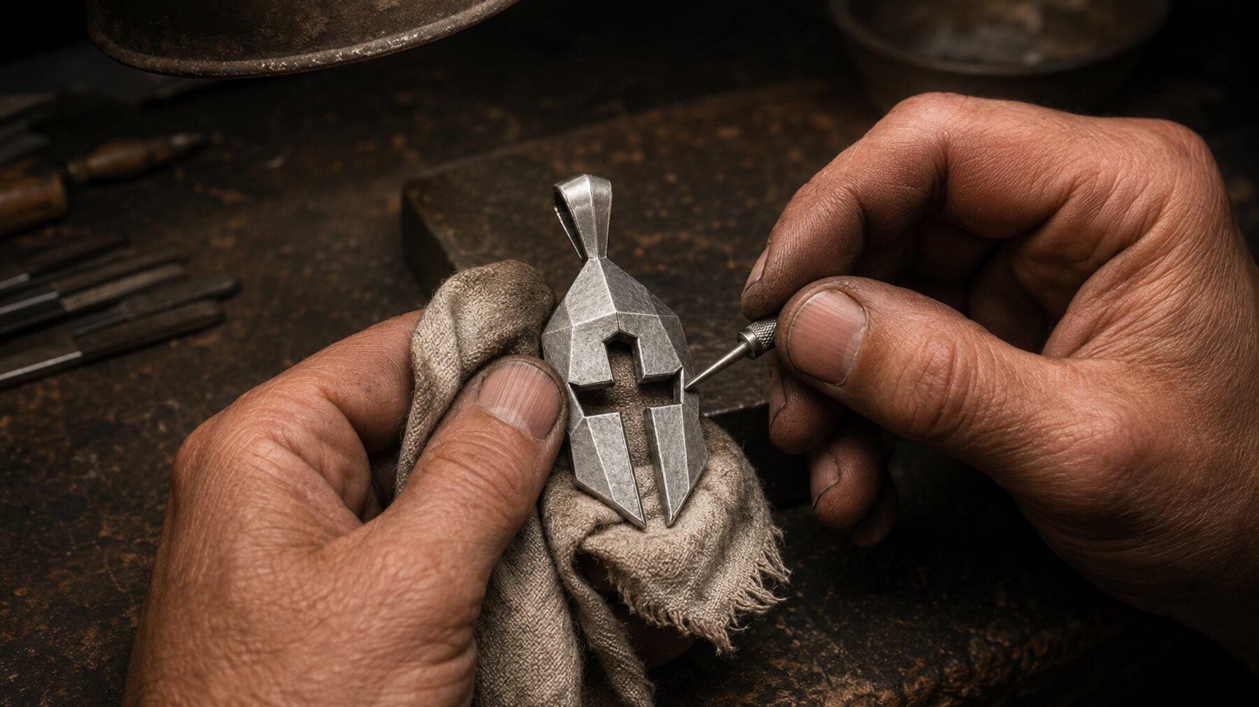 Extreme macro detail of a Cross and Helm pendant showing brushed texture cross cutout and beveled geometry