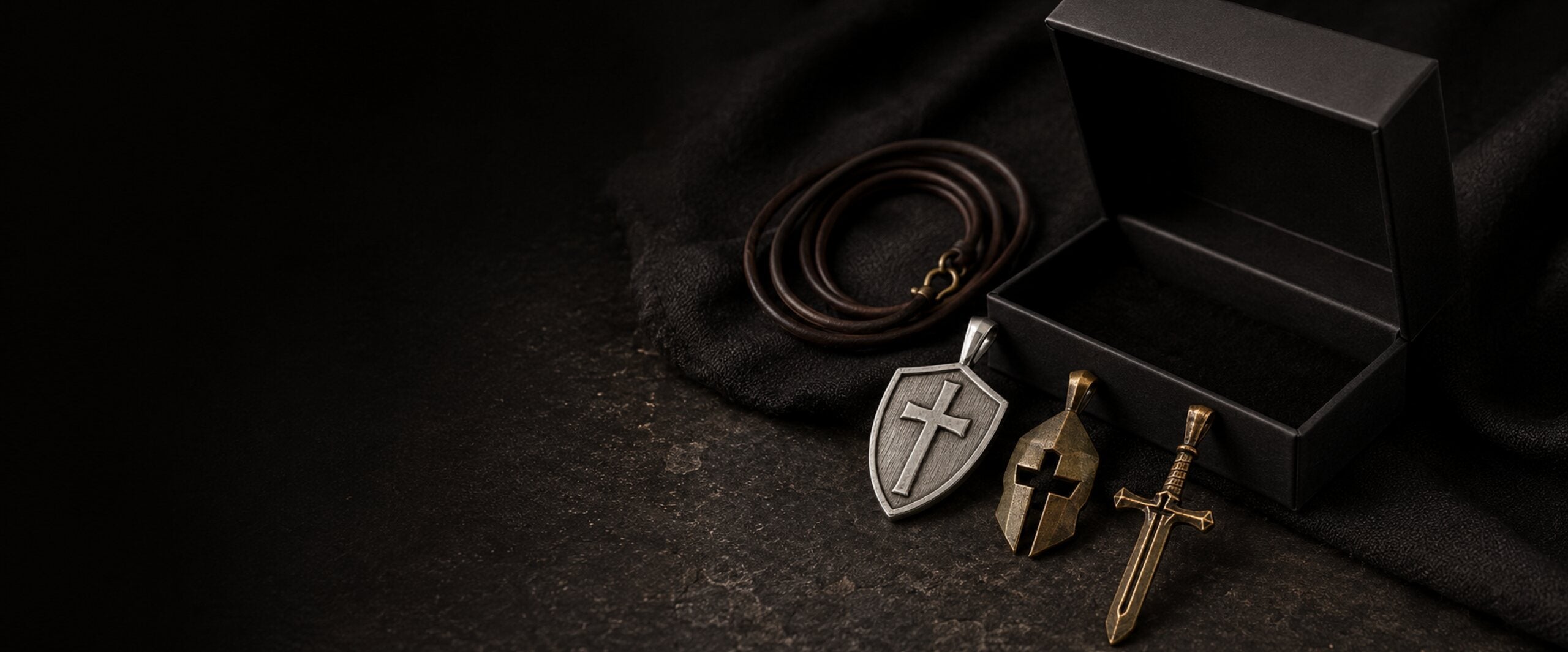 Cross & Helm pendant gift box with 99.9% pure silver and bronze Christian pendants