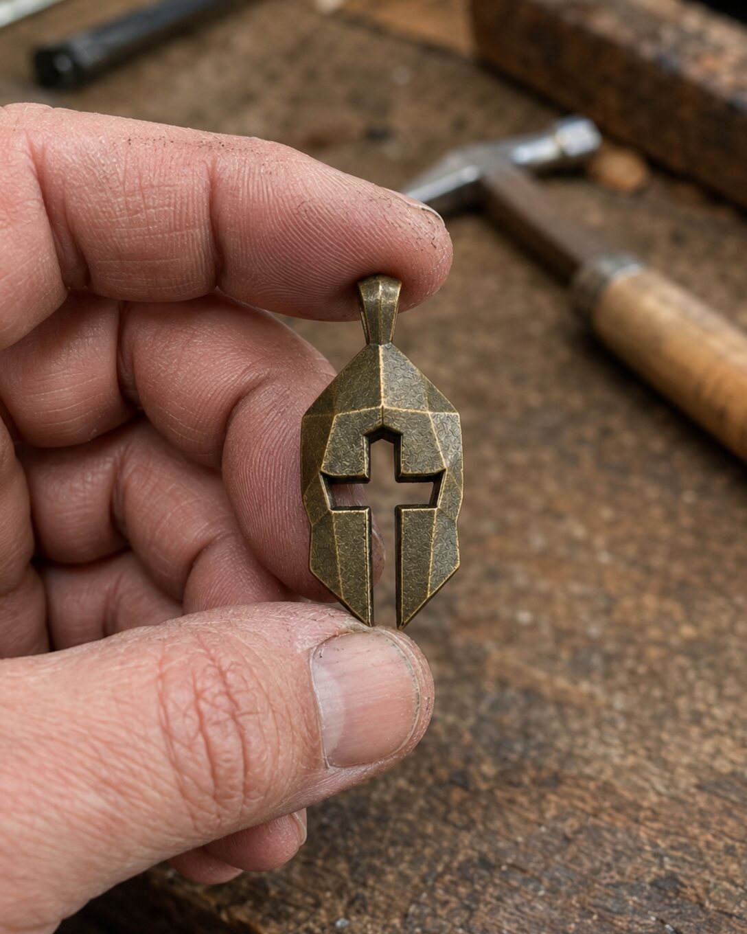 Cross and Helm pendant held by hand in a warm Texas workshop setting