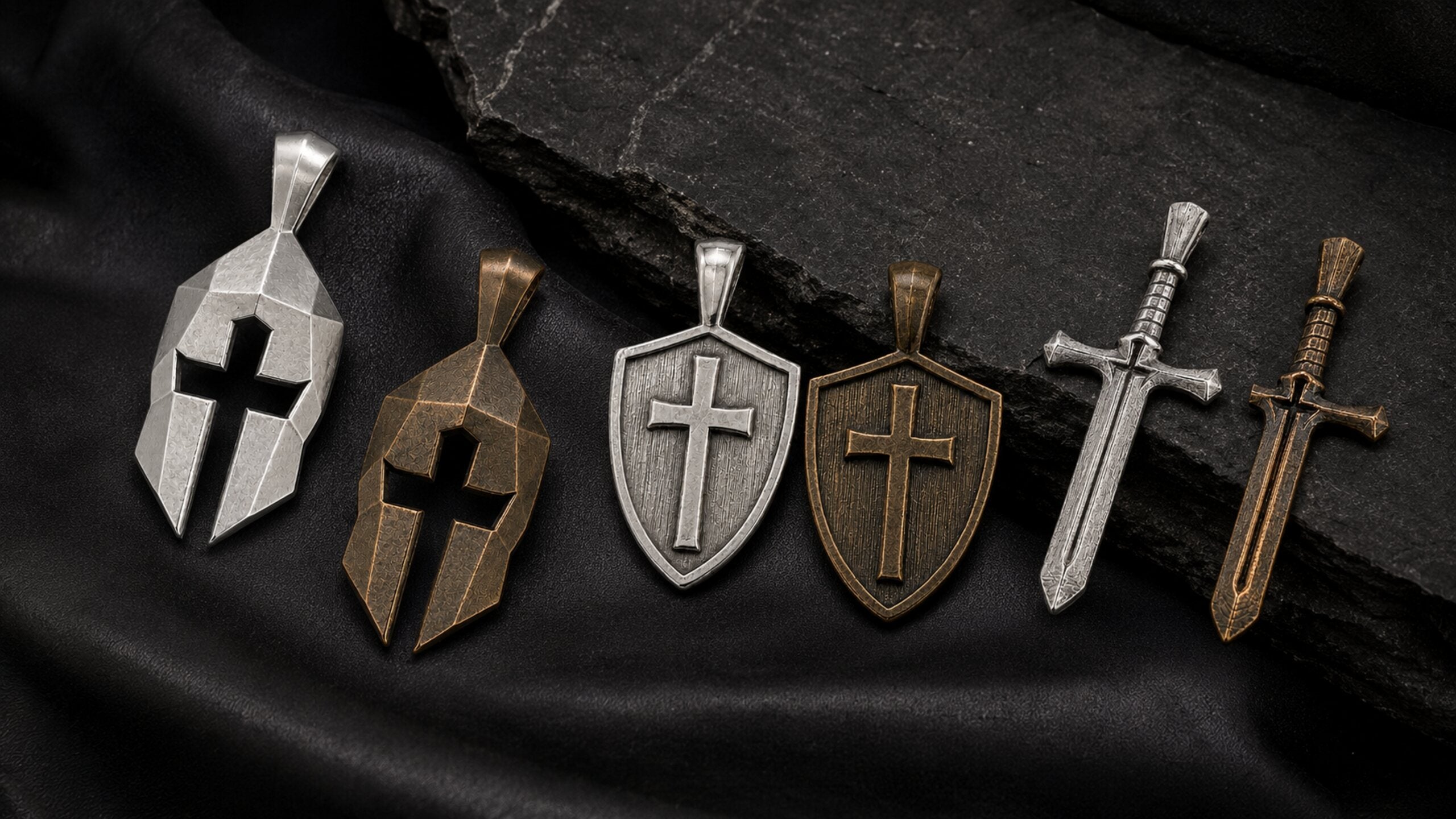 Cross & Helm 99.9% pure silver and bronze pendant collection on dark leather and stone
