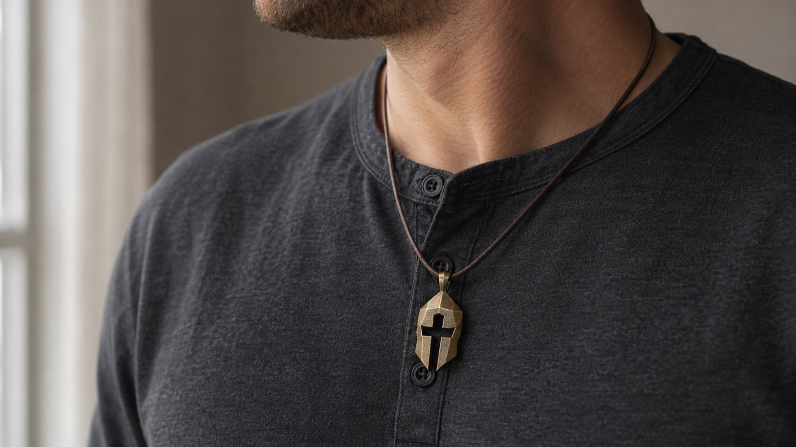 Cross & Helm pendant worn at a realistic 40 mm daily scale in a refined low-light setting