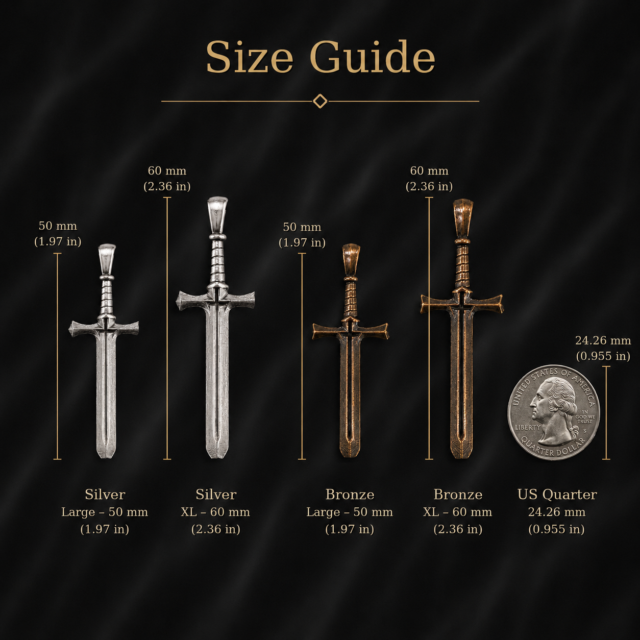 Cross and Sword pendant size guide showing Large and XL bronze and 99.9% pure silver dimensions beside a US quarter