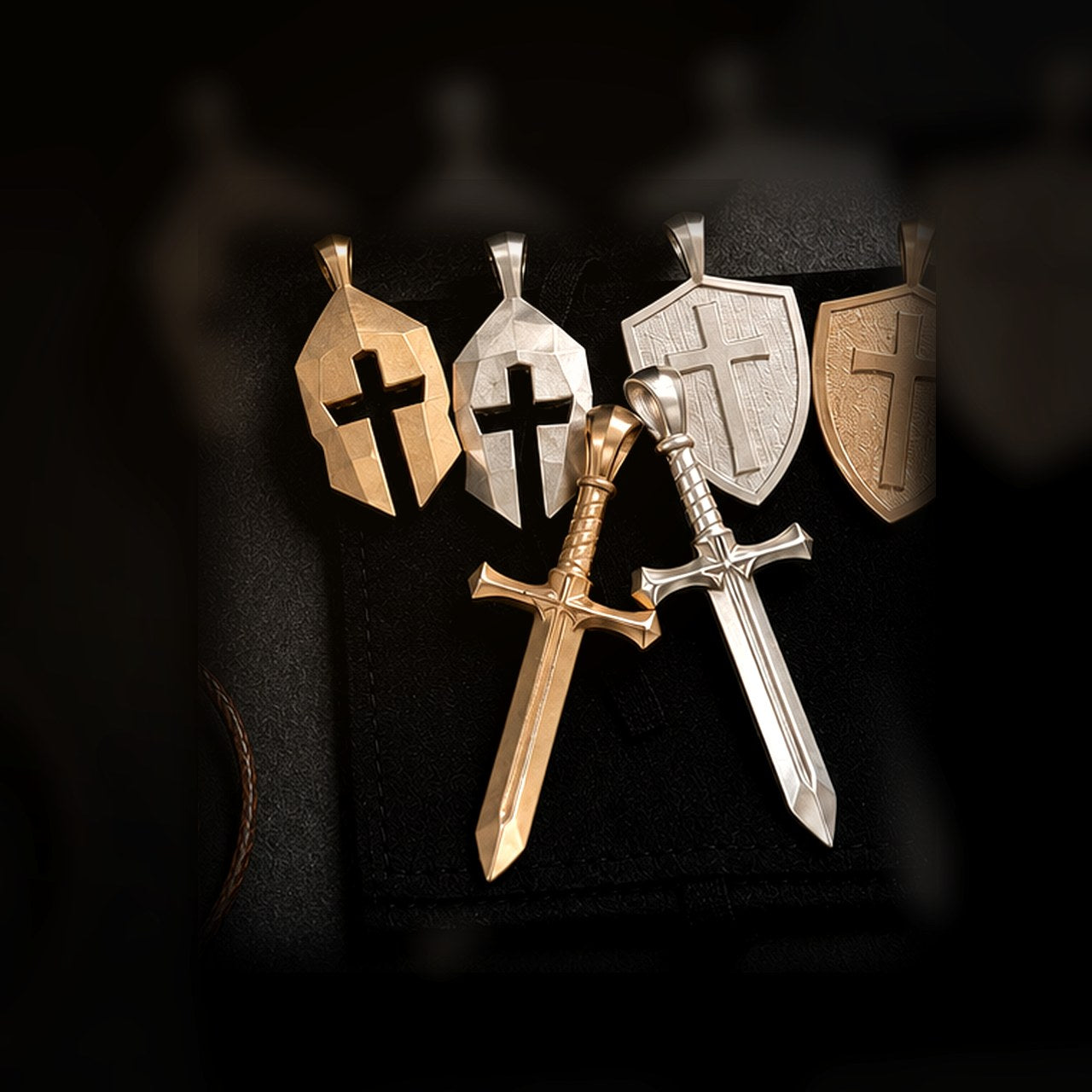 Editorial close-up of the Cross & Sword pendant on dark stone and leather