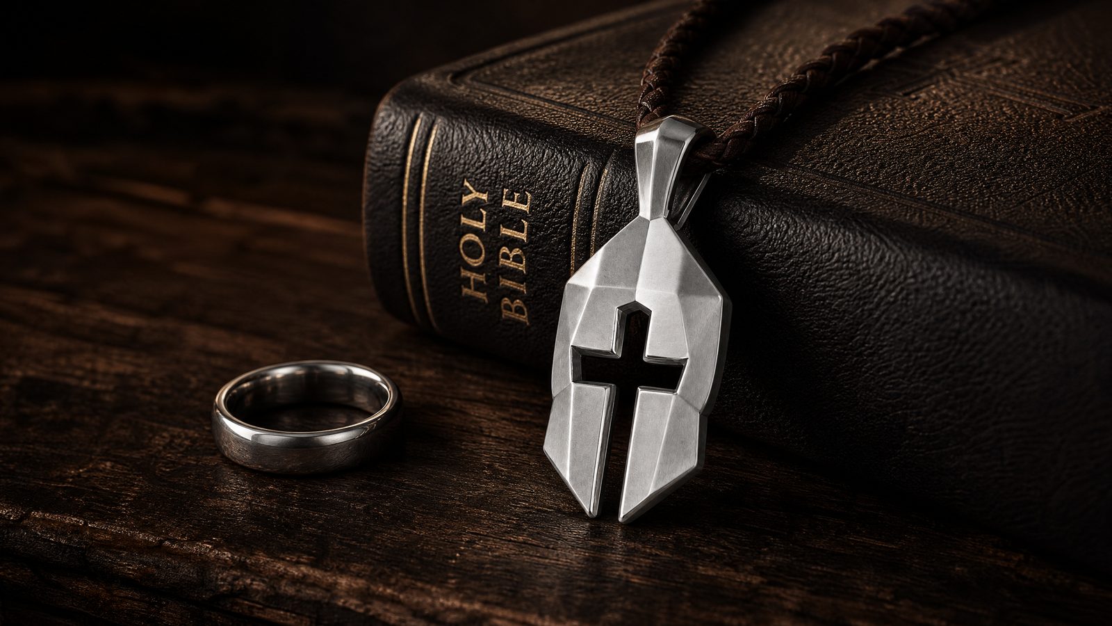 Cross & Helm pendant beside a wedding ring and Bible as a reminder of faith, marriage, and fatherhood