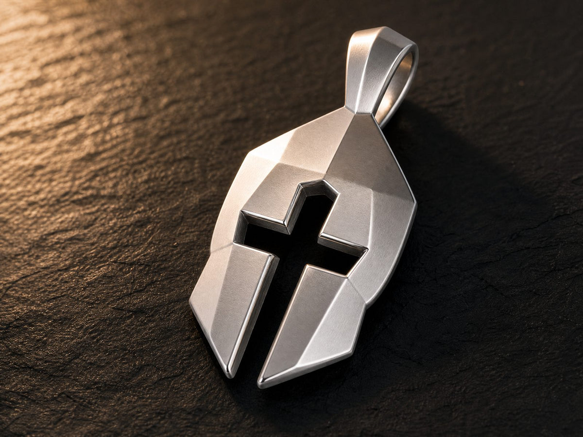 Cross and Helm pendant held by hand in a warm Texas workshop setting