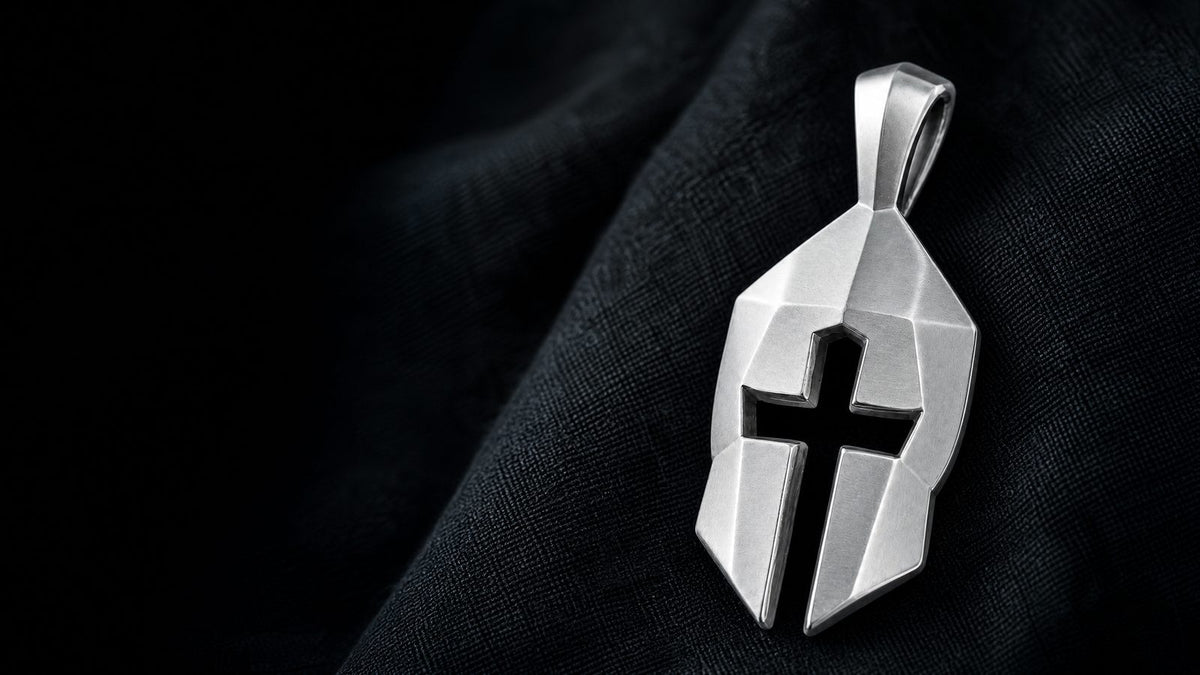 Macro detail of the Cross & Helm pendant hand finished surface