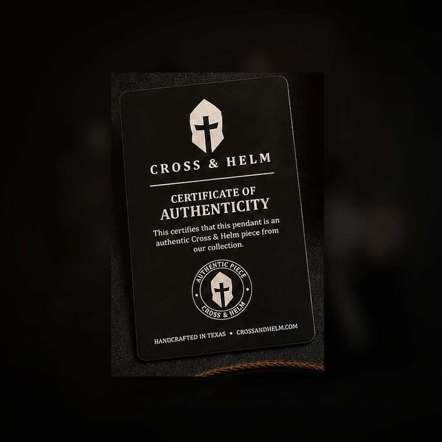 Cross and Helm Certificate of Authenticity card on a dark surface