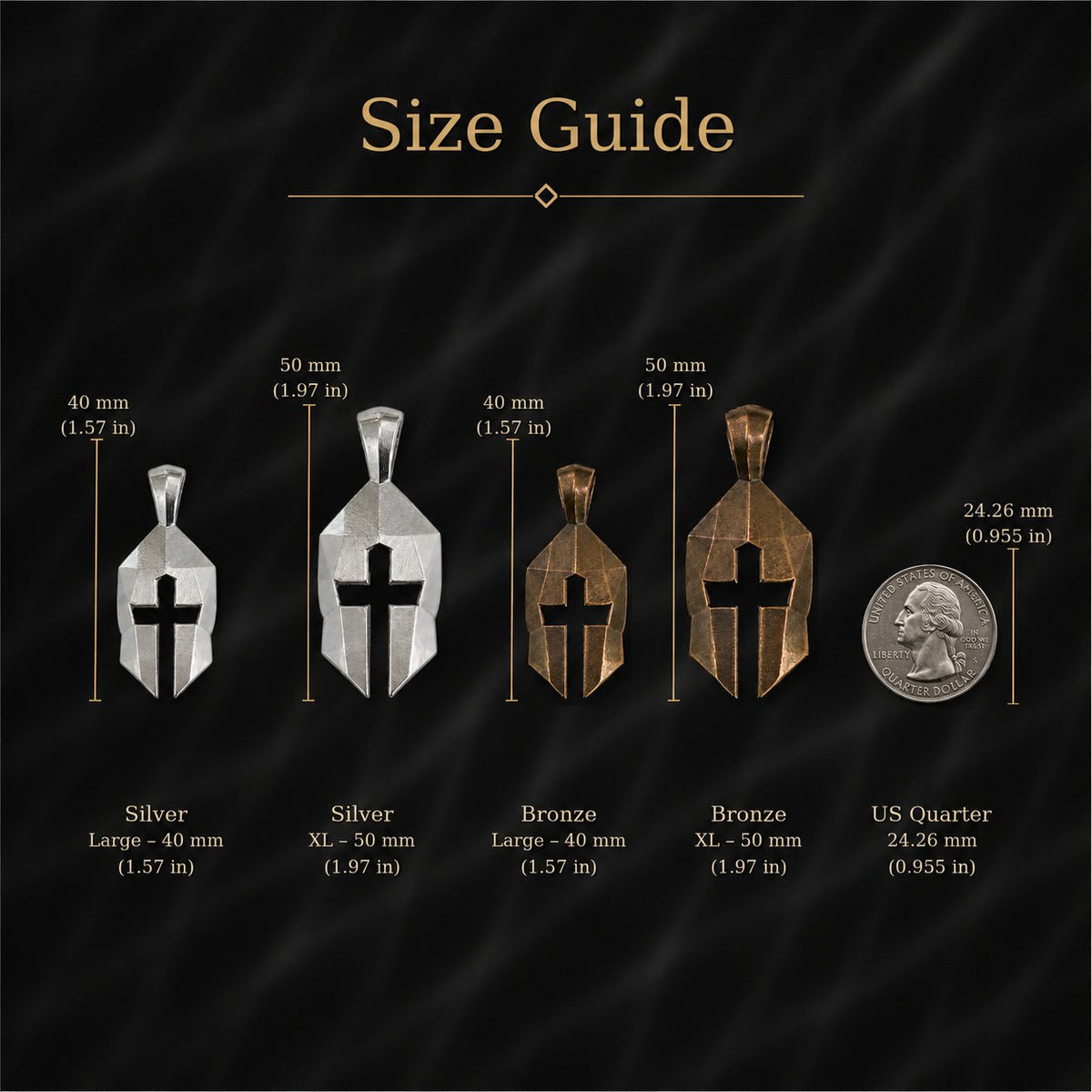 Cross and Helm pendant size guide showing Large and XL bronze and 99.9% pure silver dimensions beside a US quarter