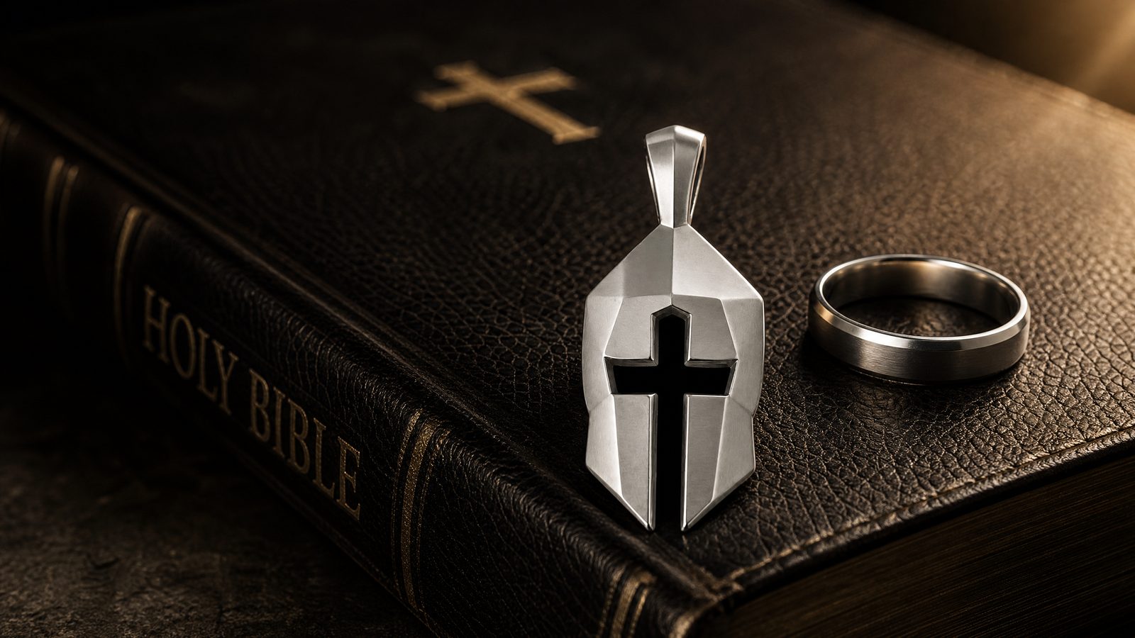 Cross & Helm 99.9% pure silver and bronze pendant collection on dark leather and stone