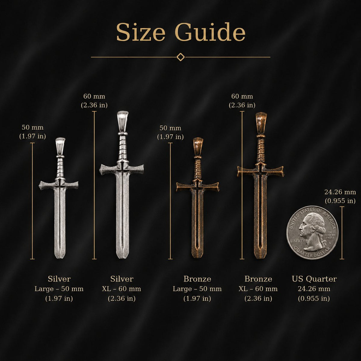 Cross and Sword pendant size guide showing Large and XL bronze and 99.9% pure silver dimensions beside a US quarter