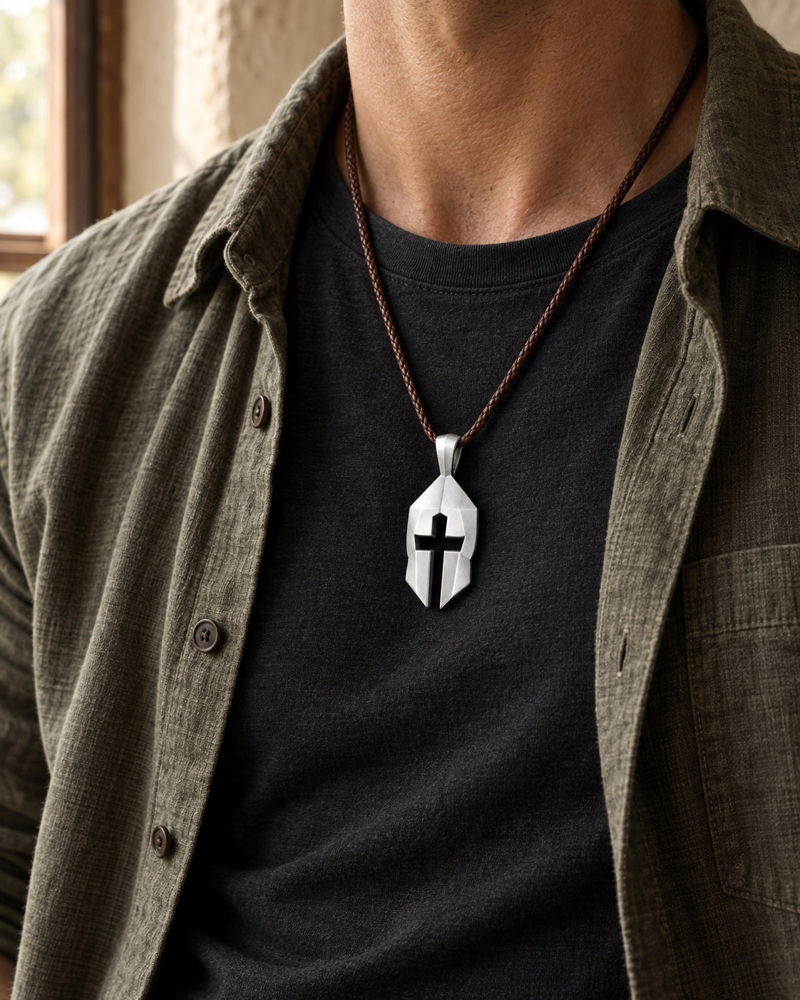 Silver Cross & Helm pendant on a brown leather necklace, worn with a charcoal T-shirt and olive overshirt in soft window light