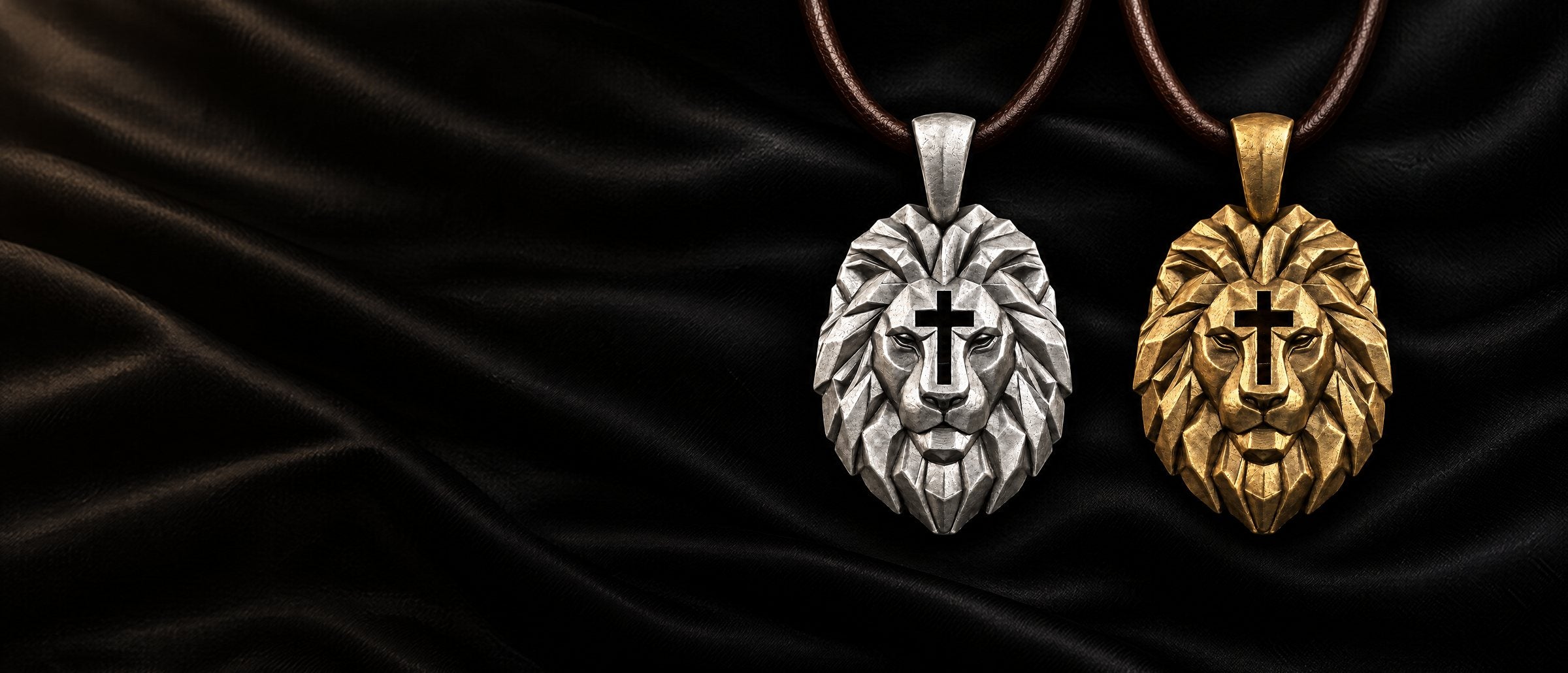 The Cross & Lion pendant in 99.9% silver and in bronze, side by side on dark satin